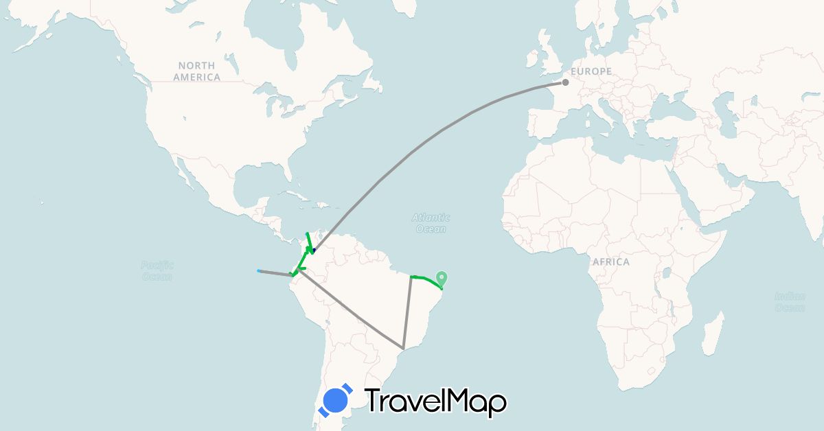 TravelMap itinerary: driving, bus, plane, hiking, boat in Brazil, Colombia, Ecuador, France (Europe, South America)